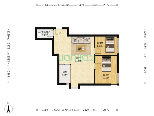 百子大厦 2室1厅1卫 70平方