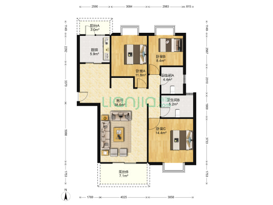 小上海新城 3室1厅2卫 132平方