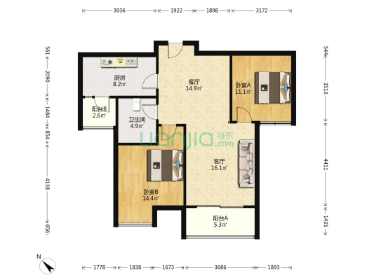 武汉天地四期B9 2室2厅1卫 103平方