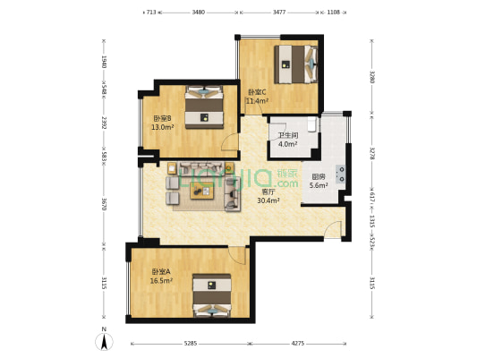 外滩星空 3室1厅1卫 89平方