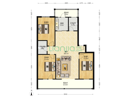 怡安小区 3室1厅2卫 130平方