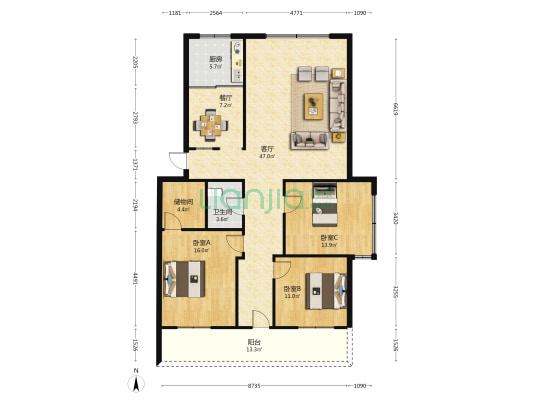 侨隆花园A区 3室2厅1卫 134平方