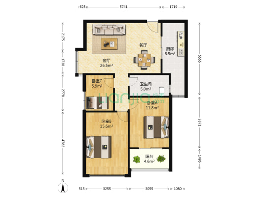 金地·尚城 3室1厅1卫 105平方