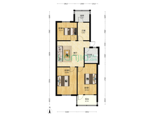 开元巷36号院 3室1厅1卫 90平方