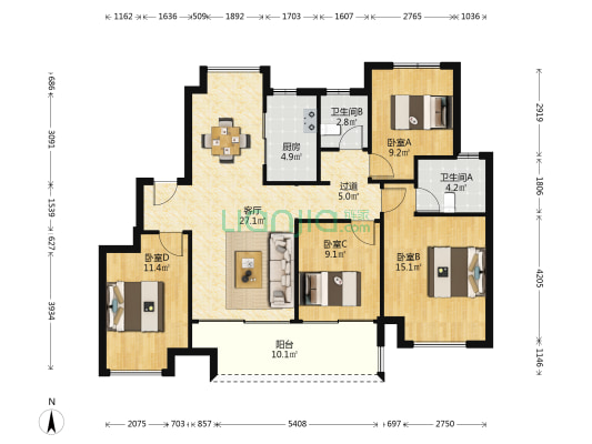 浅棠水岸 4室1厅2卫 115平方