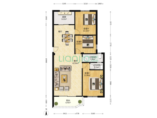 天宇花园南区 3室1厅2卫 114平方