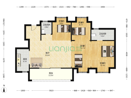 中国中铁·金桥云境 4室1厅2卫 124平方