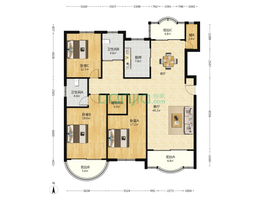 世纪阳光园 3室1厅2卫 172平方