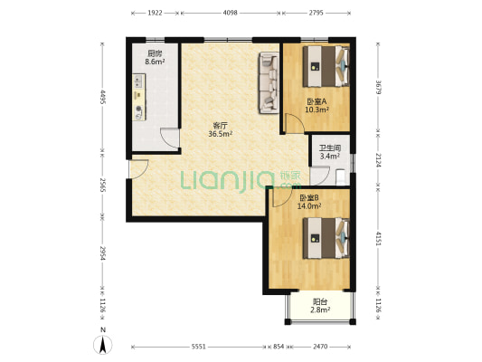 南北通透大两居 毛坯房 两梯四户 无遮挡-户型图