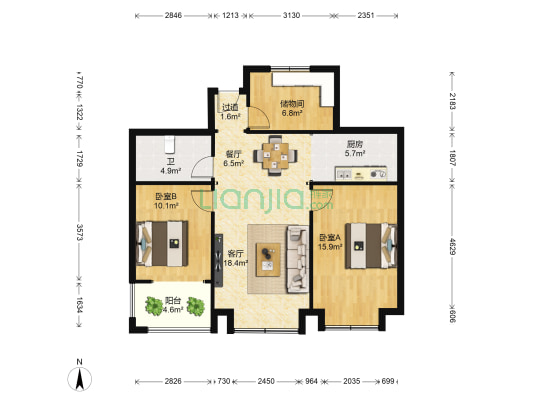 开元上城 2室2厅1卫 87平方