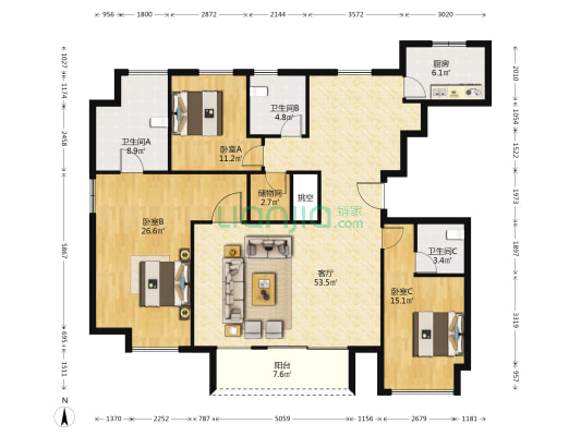 葛洲坝龙湖中杭府 3室1厅3卫 174平方