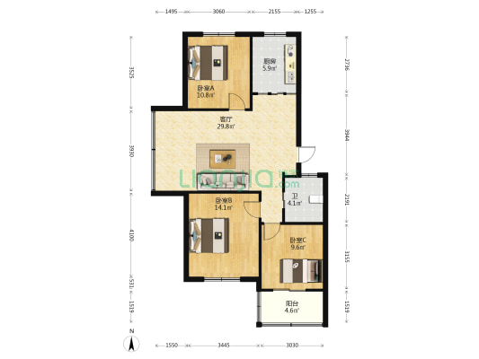 方惠家园 3室1厅1卫 96平方