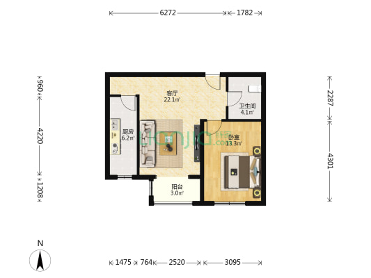 中晟馨苑2号院 1室1厅1卫 69平方