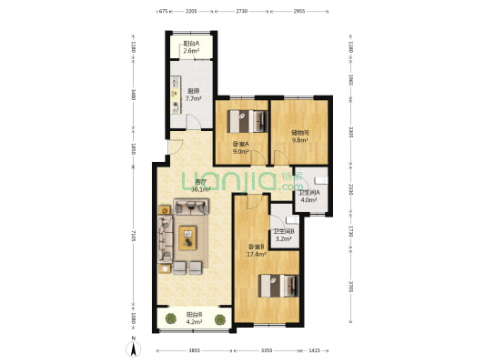 招商贝肯山二期 2室1厅2卫 136平方