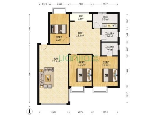 兴园居 3室2厅2卫 102平方
