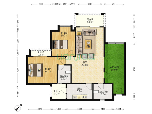 凯茵新城04区雅豪坊 2室1厅2卫 107平方