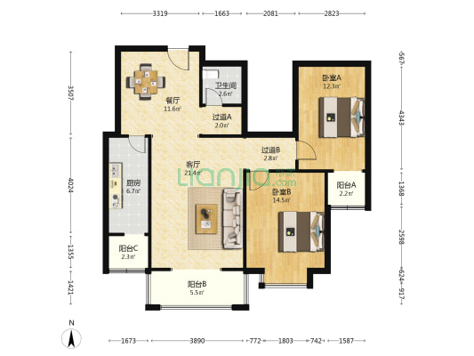 澜湖国际 2室2厅1卫 112平方