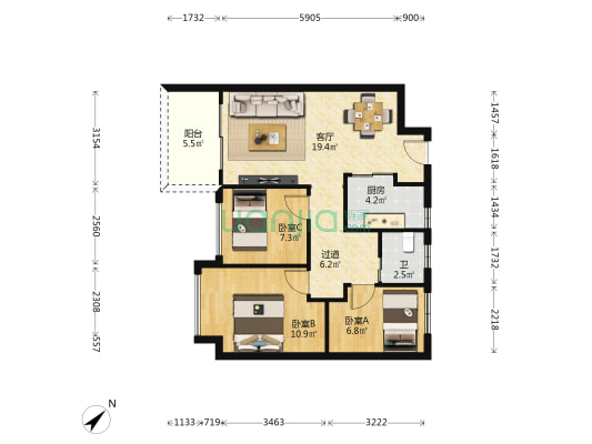 清平华府 3室1厅1卫 83平方