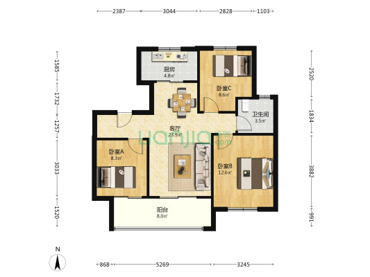 上棠颐和府A区 3室1厅1卫 87平方
