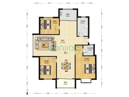 万景华庭 3室1厅2卫 142平方
