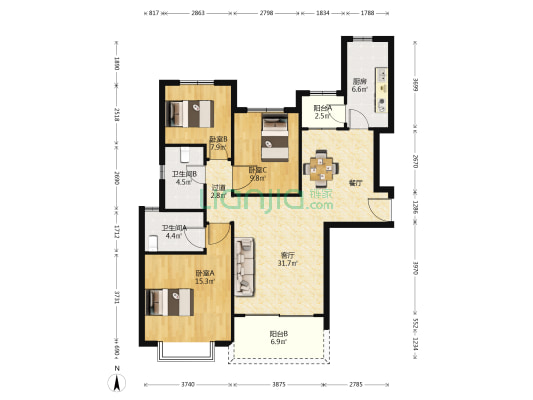 恒大御景天下一期 3室1厅2卫 125平方