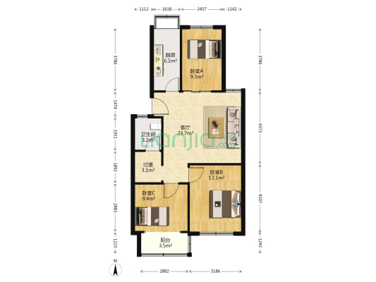 经七路27号附2号院 3室1厅1卫 84平方
