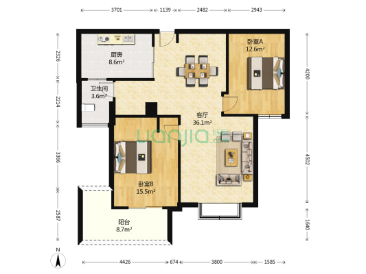 绿都湖滨花园 2室1厅1卫 97平方