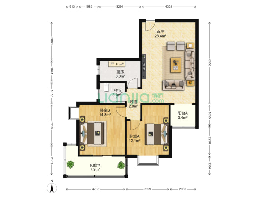 富景园小区 2室1厅1卫 102平方