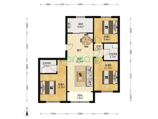 和悦居6号院 3室1厅2卫 109平方