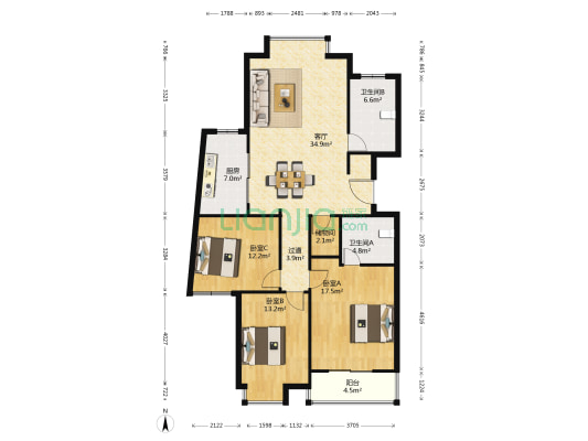 人和家园 3室1厅2卫 119平方