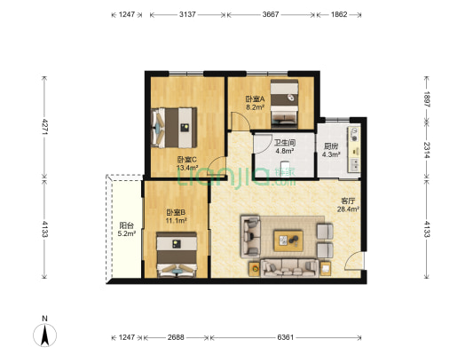 嘉惠苑 3室1厅1卫 83平方