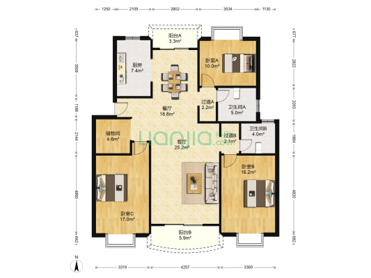 沧海绿苑 3室2厅2卫 143平方