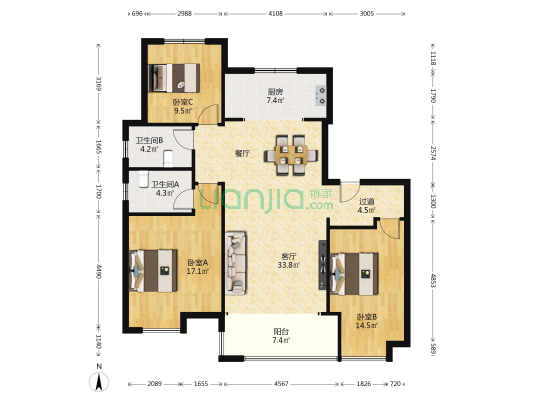 和锦西园 3室1厅2卫 131平方