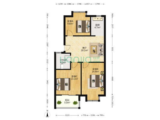 月河家园 3室1厅1卫 80平方