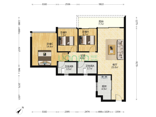 中海丽湾尚宸 3室1厅2卫 87平方