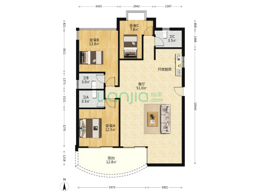 汇丰花园 3室1厅3卫 121平方
