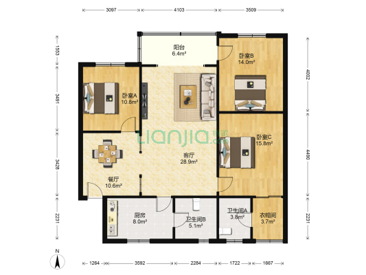 福安大厦 3室2厅2卫 126平方