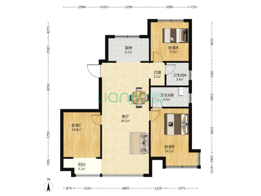 观林府 3室1厅2卫 127平方