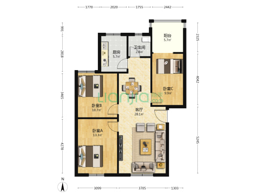 书香小区 3室1厅1卫 91平方