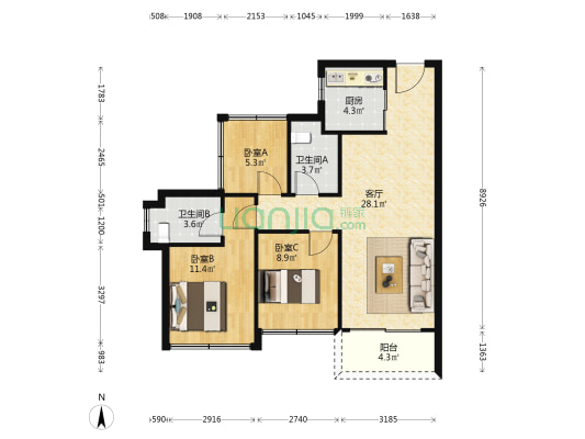 龙光玖龙府 3室1厅2卫 87平方