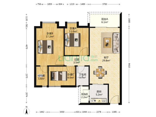汉基花园 3室1厅1卫 106平方