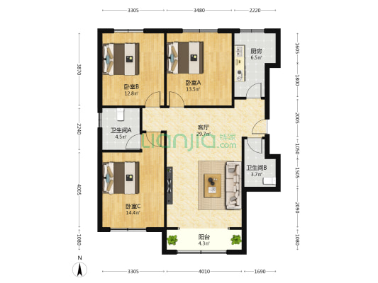 银丰家园(永清) 3室1厅2卫 124平方