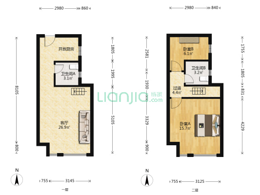 中新领袖天地 2室1厅2卫 48平方