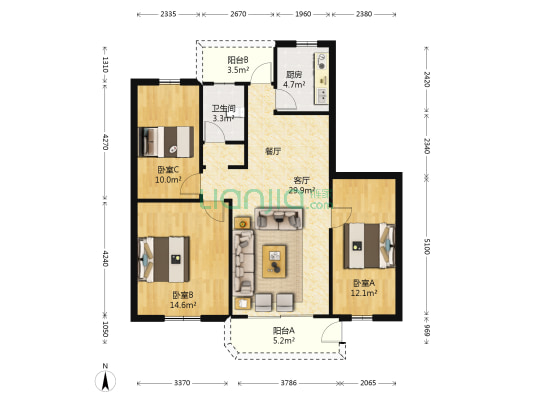 黄金花园 3室1厅1卫 92平方