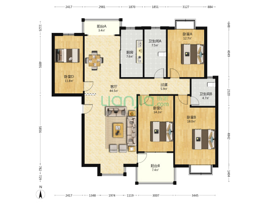 江山嘉园 4室1厅2卫 164平方
