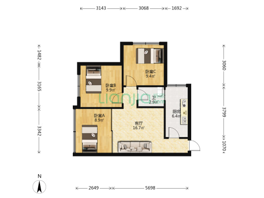 花阁路3号 3室1厅1卫 68平方