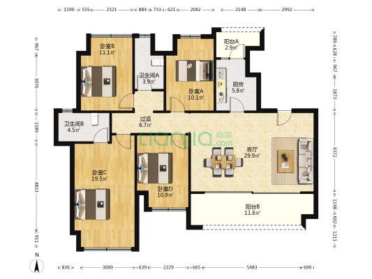 朗基水印三生香阙 4室1厅2卫 119平方