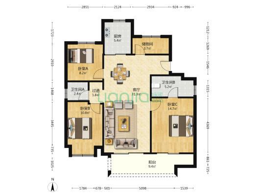 旭海苑 3室1厅2卫 127平方