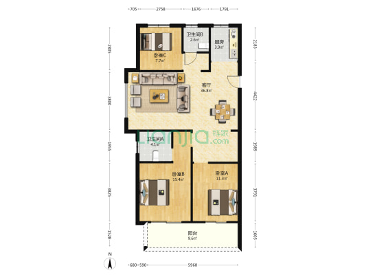源盛嘉园一组团 3室1厅2卫 115平方