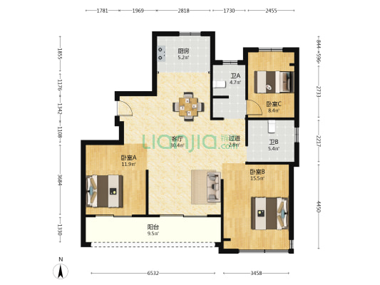 天和 3室1厅2卫 129平方
